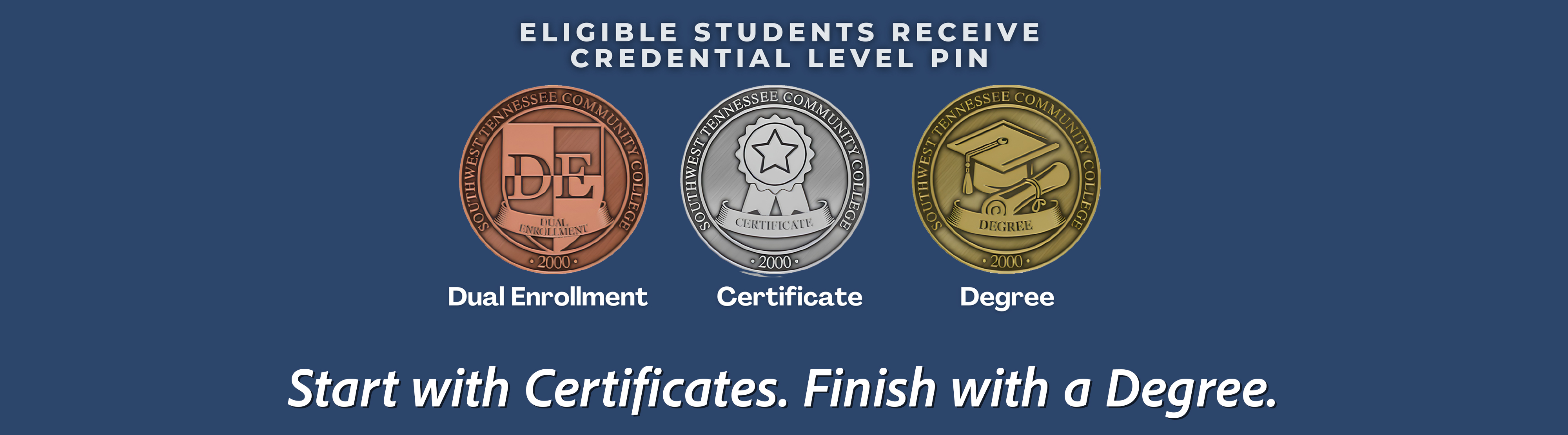 image of bronze, silver and gold medalians that says Elibible Students receive credentials Level Pin Dual Encrollment bronze, Certificate silver, Degree Gold - Go for the Gold