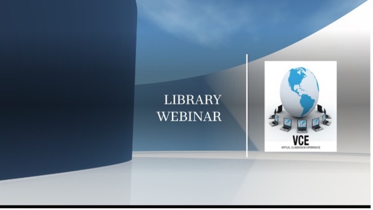 Library webinar text with an image of a globe surrounded by mini laptops with a heading of Virtual Classroom Experience