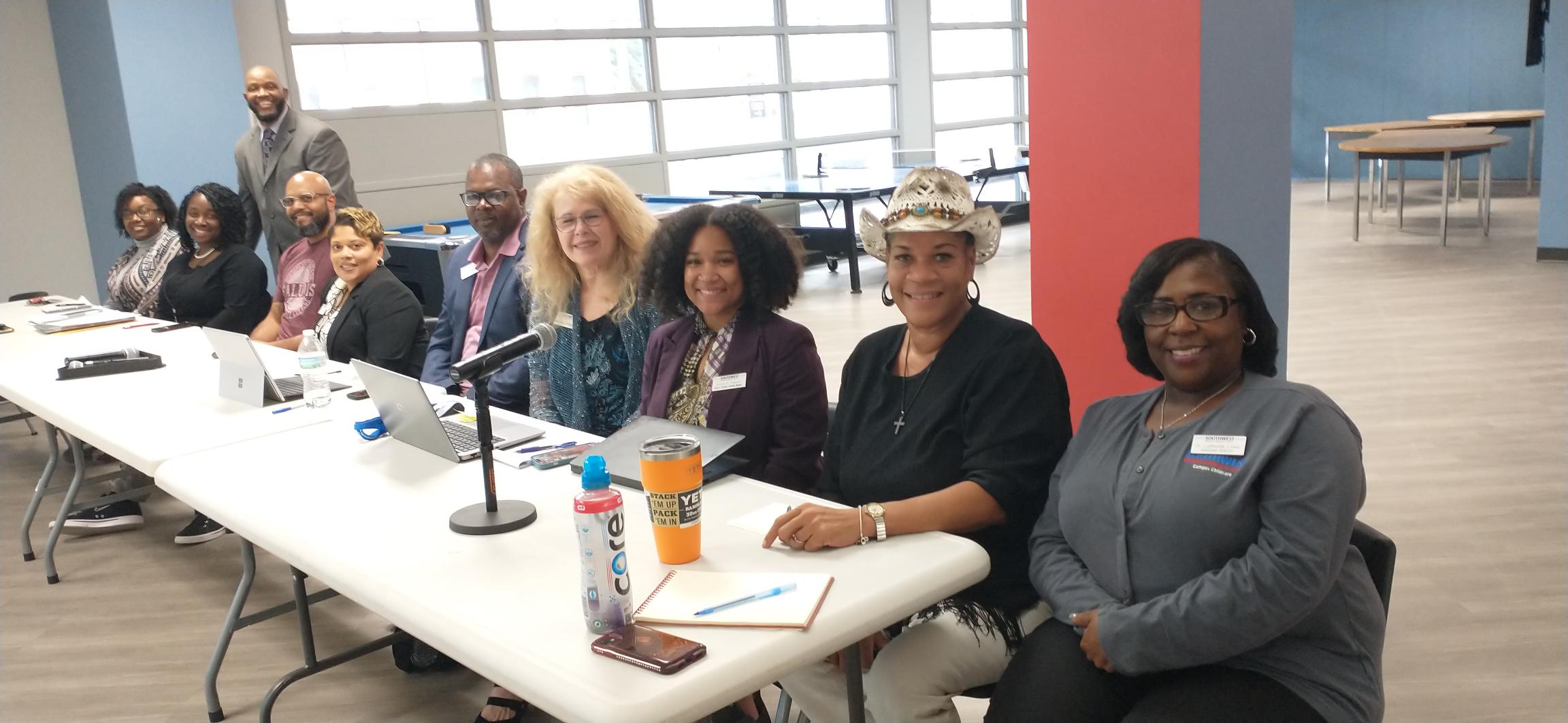 Student Affairs staff shared details about their department’s function with Southwest staff during the Sept. 16 forum. Pictured are (L-R): Rosie Britton, Tracie Johnson, Lee Jones, Jarrett Stephens, Chateeka Farris, Phoenix Worthy, Brenda Williams, Jhona Gipson, Ouida Pope-Warren and LaShonda Lewis.