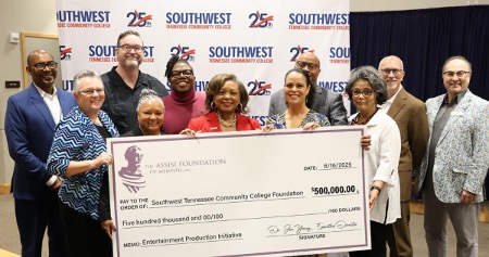 Pictured with Southwest President Dr. Tracy D. Hall (center, group photo) are faculty, staff, and industry representatives: Chuck Thomas, Chief Government and External Relations Officer; Patsy Fancher, Chair of the Department of Communication, Graphic and Fine Arts; Ned Canty, General Director of Opera Memphis; Dr. Carol Ash, Vice President of Academic Affairs and Workforce Development; Rico Parker, student in the Theater Program; Tiffanie Grier, Programs Officer at The Assisi Foundation of Memphis; Darrell Thomas, Chair of The Southwest Foundation; Dr. Jan Young, Executive Director of The Assisi Foundation; Brett Batterson, President & CEO of The Orpheum Theatre-Memphis; and Michael Detroit, Executive Director of Playhouse on the Square.