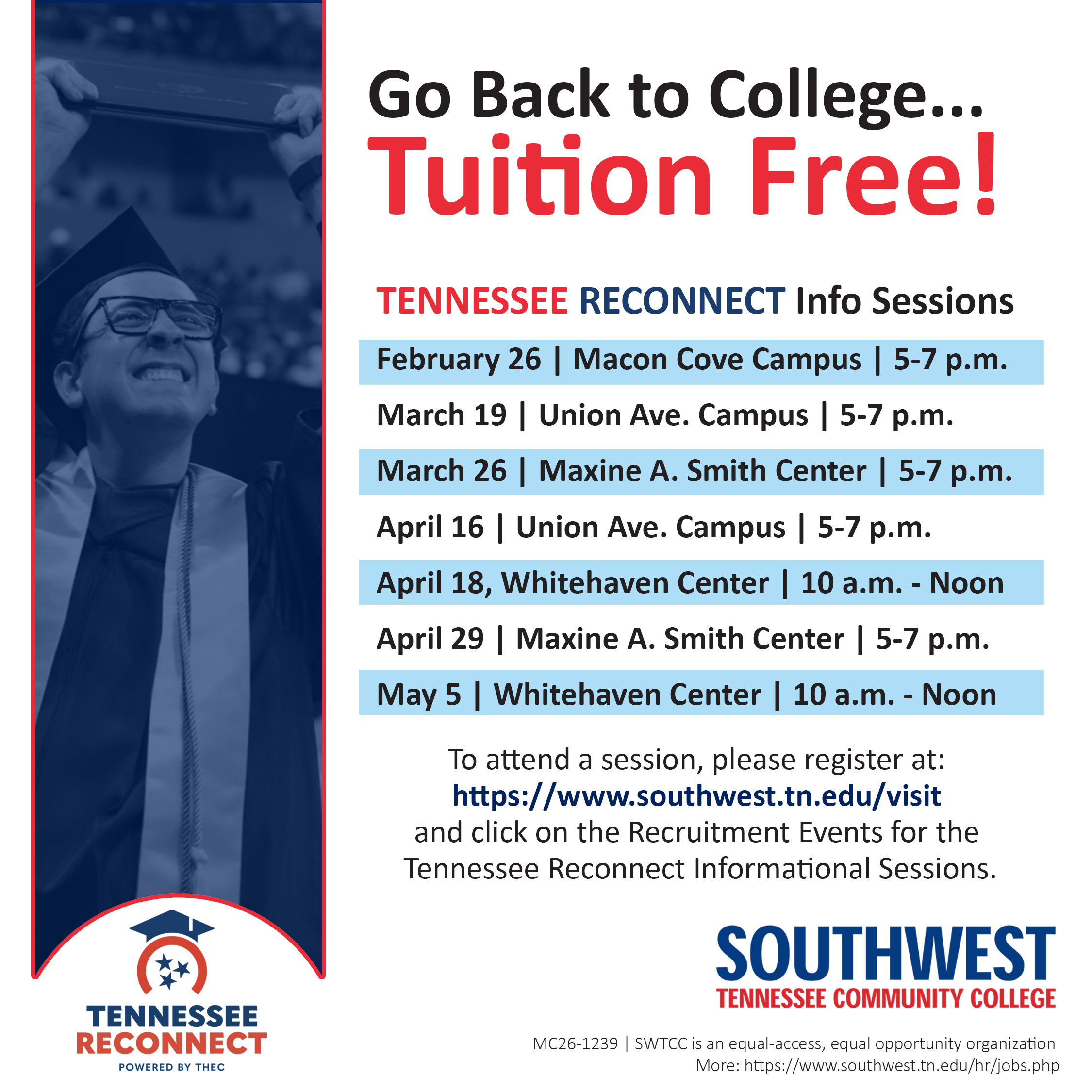 flyer with graduating student showing all the dates and time for information session